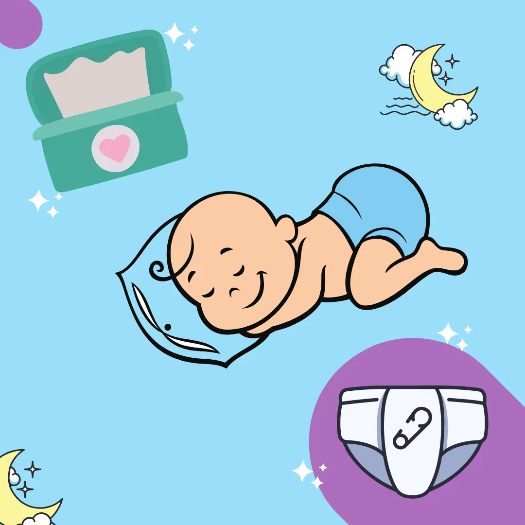 vector design of sleeping baby, wipes, and a diaper